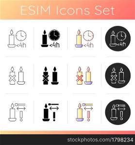 Candle safety regulations manual label icons set. Use candleholder. Lighting candle with long match. Linear, black and RGB color styles. Isolated vector illustrations for product use instructions. Candle safety regulations manual label icons set