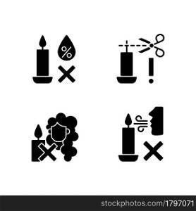 Candle safety warning black glyph manual label icons set on white space. Avoid exposure to moisture. Trim candle wick. Silhouette symbols. Vector isolated illustration for product use instructions. Candle safety warning black glyph manual label icons set on white space