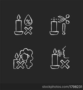 Candle safety warning chalk white manual label icons set on dark background. Avoid exposure to moisture. Trim wick. Isolated vector chalkboard illustrations for product use instructions on black. Candle safety warning chalk white manual label icons set on dark background