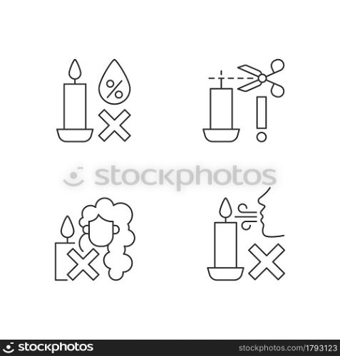 Candle safety warning linear manual label icons set. Trim candle wick. Customizable thin line contour symbols. Isolated vector outline illustrations for product use instructions. Editable stroke. Candle safety warning linear manual label icons set