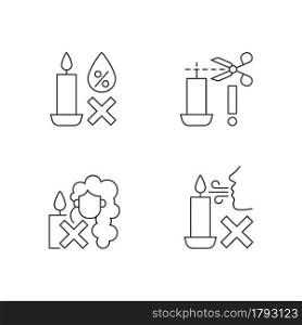 Candle safety warning linear manual label icons set. Trim candle wick. Customizable thin line contour symbols. Isolated vector outline illustrations for product use instructions. Editable stroke. Candle safety warning linear manual label icons set