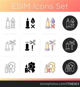Candle safety warning manual label icons set. Avoiding exposure to moisture. Trimming candle wick. Linear, black and RGB color styles. Isolated vector illustrations for product use instructions. Candle safety warning manual label icons set