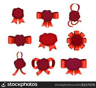 Candle st&with red ribbons set. Wax seal, tag, medal. Award concept. Vector illustrations can be used for topics like warranty, certificate, quality