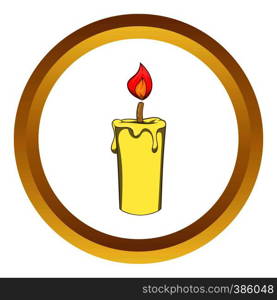Candle vector icon in golden circle, cartoon style isolated on white background. Candle vector icon