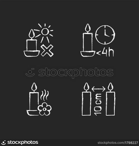 Candle warning label chalk white manual label icons set on dark background. Preventing wax from overheating. Isolated vector chalkboard illustrations for product use instructions on black. Candle warning label chalk white manual label icons set on dark background