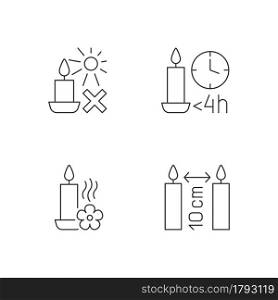 Candle warning label linear manual label icons set. Avoid direct sunlight. Customizable thin line contour symbols. Isolated vector outline illustrations for product use instructions. Editable stroke. Candle warning label linear manual label icons set