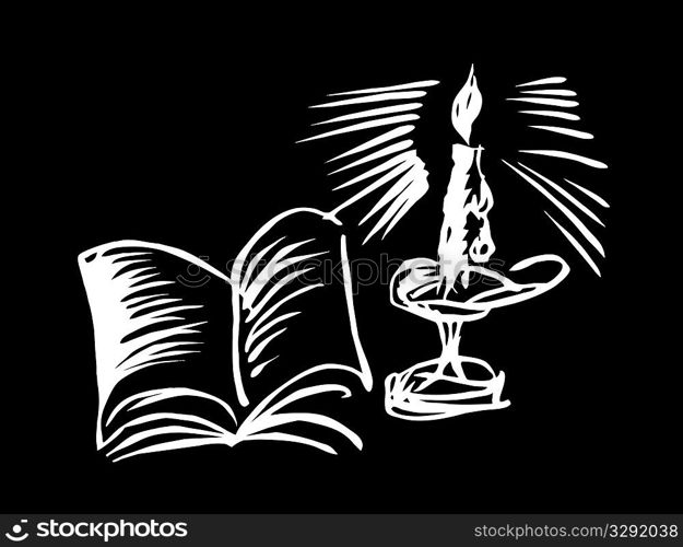 candle with book on black background