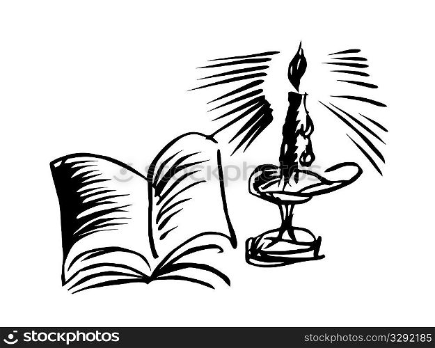 candle with book on black background