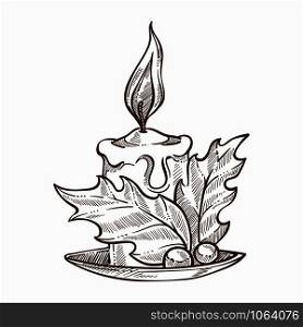 Candle with burning flame and melting wax isolated icon vector mistletoe traditional Christmas and new year plant with leaves foliage and berries vegetation and fire monochrome sketch outline. Candle with burning flame and melting wax isolated icon