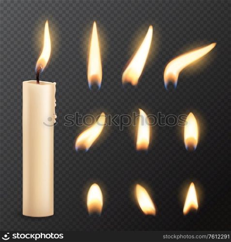 Candle with fire flame lights realistic vector mockup on transparent background. Burning church or party candle made of white wax and wick with glowing flares, Christmas, birthday or romantic holiday. Candle with fire flame lights realistic vector