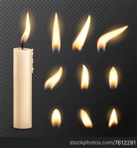 Candle with fire flame lights realistic vector mockup on transparent background. Burning church or party candle made of white wax and wick with glowing flares, Christmas, birthday or romantic holiday. Candle with fire flame lights realistic vector