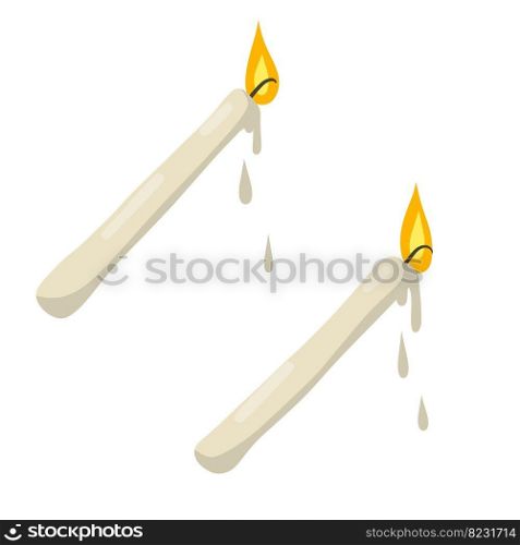 Candle with fire. flame with wick. Wax object for lighting. Cartoon flat illustration. Element of a new year, religion and villages. Candle with fire. flame with wick.