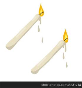 Candle with fire. flame with wick. Wax object for lighting. Cartoon flat illustration. Element of a new year, religion and villages. Candle with fire. flame with wick.