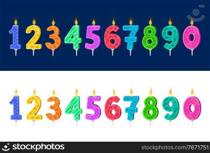 Candles for kids birthday holiday cake cartoon vector set. Child birthday party celebration number candles with colorful patterns and fire, anniversary holiday cake or pie decoration collection. Candles for birthday holiday cake cartoon vector