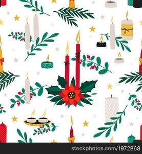 Candles pattern. Seamless print with handmade wax candlelight for Christmas celebration. Festive holly branches. Various candlesticks. Hygge winter holiday traditional decoration. Vector Xmas texture. Candles pattern. Seamless print with handmade wax candlelight for Christmas celebration. Holly branches. Various candlesticks. Hygge holiday traditional decoration. Vector Xmas texture