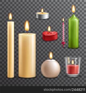 Candles realistic 3d set isolated on transparent background vector illustration. Candles transparent set
