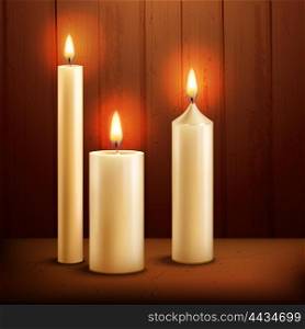 Candles realistic background. Three realistic burning wax candles on wooden texture background vector illustration