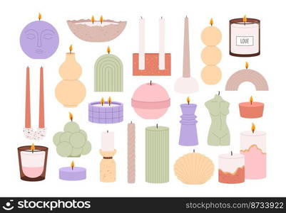 Candles set for spa with fire and wick. Romantic detail, cozy home craft candlelight. Aromatherapy tools, romance decorations racy vector collection of candle aromatherapy meditation illustration. Candles set for spa with fire and wick. Romantic detail, cozy home craft candlelight. Aromatherapy tools, romance decorations racy vector collection