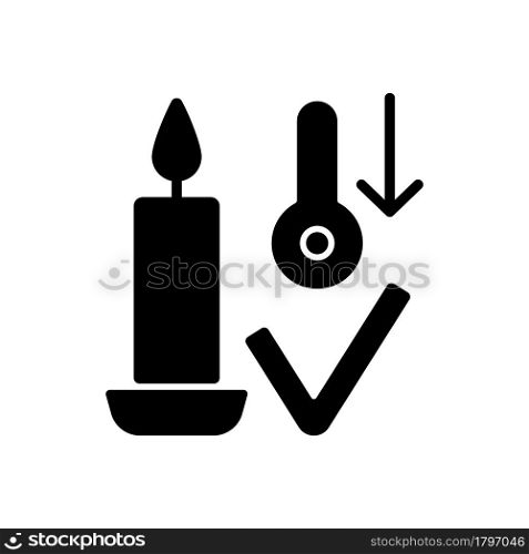 Candles storage at room temperature black glyph manual label icon. Sensitivity to extreme heat. Silhouette symbol on white space. Vector isolated illustration for product use instructions. Candles storage at room temperature black glyph manual label icon