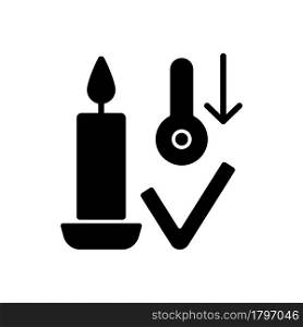 Candles storage at room temperature black glyph manual label icon. Sensitivity to extreme heat. Silhouette symbol on white space. Vector isolated illustration for product use instructions. Candles storage at room temperature black glyph manual label icon