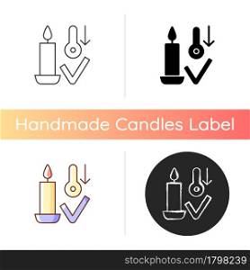 Candles storage at room temperature manual label icon. Sensitivity to heat. Prevention wax from melting. Linear black and RGB color styles. Isolated vector illustrations for product use instructions. Candles storage at room temperature manual label icon
