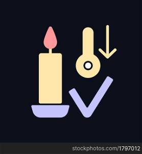 Candles storage at room temperature RGB color manual label icon for dark theme. Isolated vector illustration on night mode background. Simple filled line drawing on black for product use instructions. Candles storage at room temperature RGB color manual label icon for dark theme