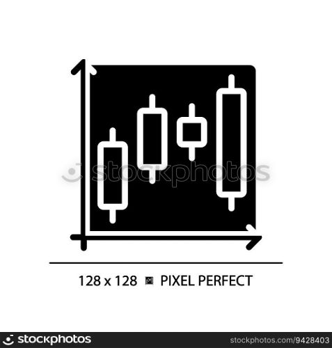 Candlestick chart black glyph icon. Forex trading. Professional sales. Stock market. Financial investment. Silhouette symbol on white space. Solid pictogram. Vector isolated illustration. Candlestick chart black glyph icon