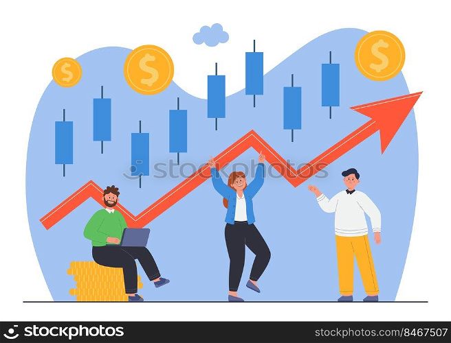 Candlestick chart showing progress and growth of company. Happy business characters, stock market or forex trade performance going up flat vector illustration. Finances, economy, achievement concept