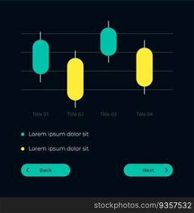 Candlestick diagram UI element template. Editable isolated vector dashboard component. Flat user interface. Visual data presentation. Web design widget for mobile application with dark theme. Candlestick diagram UI element template