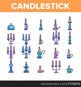 Candlestick, Old And Vintage Decor Vector Linear Icons Set. Retro Source Of Light, Celebration Attribute. Holiday Decoration, Antique Lighting Methods. Decorative Metal Lamps Thin Line Illustration. Candlestick, Old And Vintage Decor Vector Linear Icons Set