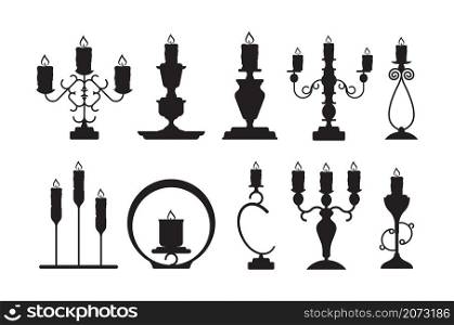 Candlestick silhouettes. Black shapes of candelabrum with burning flame vector candle holders set. Candlestick and candle holder illustration. Candlestick silhouettes. Black shapes of candelabrum with burning flame vector candle holders set