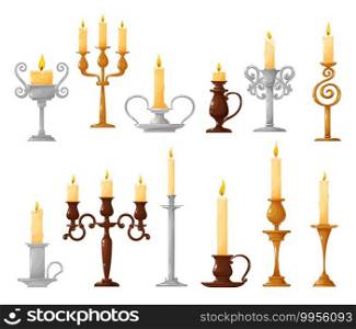 Candlestick with burning candle cartoon vector icons. Candle holder and vintage candelabra with melted wax and fire flame isolated symbols of Christmas and Halloween holiday celebration design. Candlestick with burning candle cartoon icons