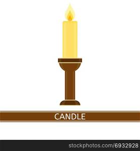 Candlestick With Candle Isolated. Vector illustration of glowing candle and candlestick isolated on white background, in flat style.