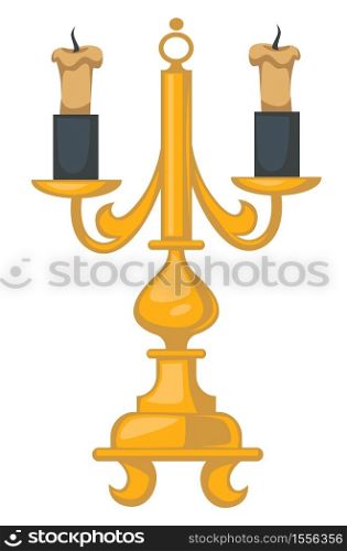 Candlestick with candles Baroque epoch style interior decor and light device isolated object melting wax on gold stand vintage lamp decoration. with curled golden handles ancient relic design element. Baroque style candlestick with wax candles isolated object