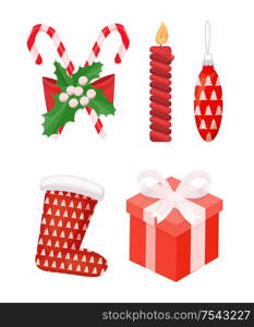 Candy and mistletoe with candle and Santa Claus socks isolated icons vector. Symbols of Christmas and winter holiday approaching bauble and gifts. Candy and Mistletoe with Candle and Santa Socks