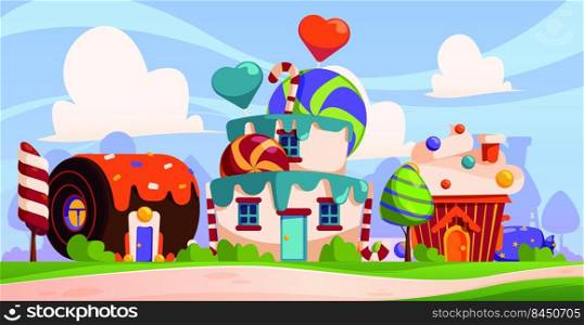 Candy background. Fantasy tasty world with cupcakes sweets and cookies gingerbread sugar houses garish vector cartoon landscape. Illustration of fantasy game candy. Candy background. Fantasy tasty world with cupcakes sweets and cookies gingerbread sugar houses garish vector cartoon landscape
