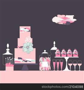 Candy bar with cake and cupcakes. Wedding cake with brush strokes. Dessert table. Vector illustration.. Wedding dessert bar with cake. Vector illustration.