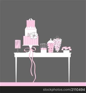 Candy bar with wedding cake. Dessert table. Vector illustration.. Wedding dessert bar with cake. Vector illustration.