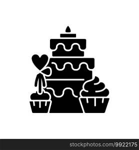 Candy bars black glyph icon. Buffet with cupcakes and muffins. Cake, desserts for wedding celebration. Family event sweets. Silhouette symbol on white space. Vector isolated illustration. Candy bars black glyph icon
