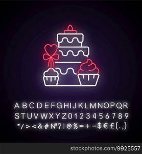 Candy bars neon light icon. Buffet with cupcakes and muffins. Cake for wedding celebration. Outer glowing effect. Sign with alphabet, numbers and symbols. Vector isolated RGB color illustration. Candy bars neon light icon