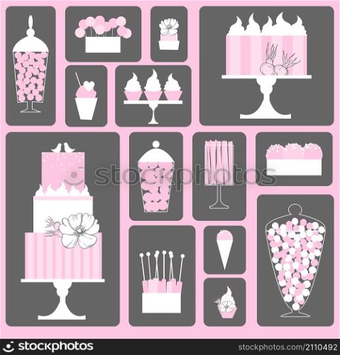Candy buffet elements. Wedding dessert bar. Birthday sweet table. Pink colors. Vector illustration.. Wedding dessert bar with cake. Vector illustration.