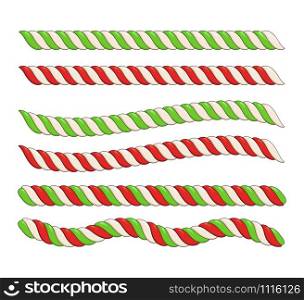 Candy cane line border divider for christmas design isolated on White background. xmas vector illustration set.