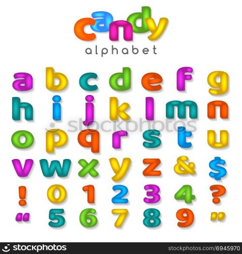 Candy color alphabet. Candy color alphabet. Kids font with fun cartoon letters and bubble sweet numbers isolated on white background, vector illustration
