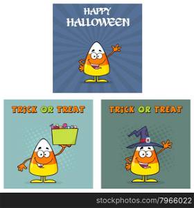 Candy Corn Cartoon Greeting Cards. Collection Set