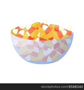 Candy Corns in transparent bowl. Flat vector illustration. Traditional holiday dessert, sweets for Halloween celebration. Striped pumpkins candies isolated on white background.. Candy Corns in transparent bowl. Flat vector illustration. Traditional holiday dessert, sweets for Halloween celebration. Striped pumpkins candies isolated on white background