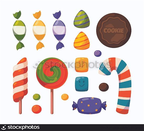Candy. Dulce collection sweets for birthday celebration lollipop jelly candy garish vector cartoon illustrations. Candy sweet to celebration, lollipop and jelly collection. Candy. Dulce collection sweets for birthday celebration lollipop jelly candy garish vector cartoon illustrations