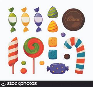 Candy. Dulce collection sweets for birthday celebration lollipop jelly candy garish vector cartoon illustrations. Candy sweet to celebration, lollipop and jelly collection. Candy. Dulce collection sweets for birthday celebration lollipop jelly candy garish vector cartoon illustrations