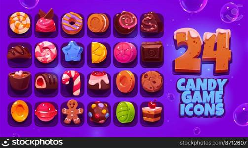 Candy game icons big set, cartoon vector sweets ui elements. Caramel, cake, gingerbread man pastry, lollipop and toffee, candy cane, chocolate and crunchy cookie, praline with topping or filling. Candy game icons big set, cartoon vector sweets