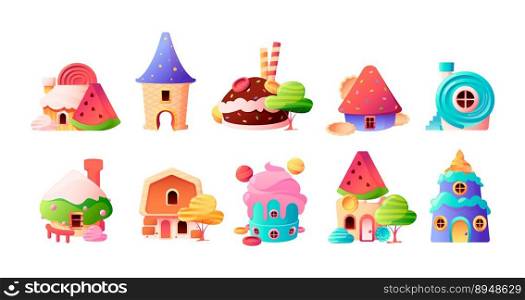 Candy houses. Sweet fantasy landscape with decorative icons of tasty chocolate caramel buildings, abstract childish elements. Vector cartoon set. Fairy tale homes with ice cream and glaze. Candy houses. Sweet fantasy landscape with decorative icons of tasty chocolate caramel buildings, abstract childish elements. Vector cartoon set