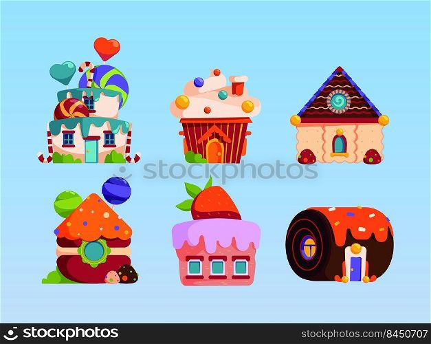Candy houses. Sweets fantasy cakes with delicious liquid cream bakery products cookies from fairytale garish vector colored pictures in flat style. Illustration of cupcake and chocolate house. Candy houses. Sweets fantasy cakes with delicious liquid cream bakery products cookies from fairytale garish vector colored pictures in flat style